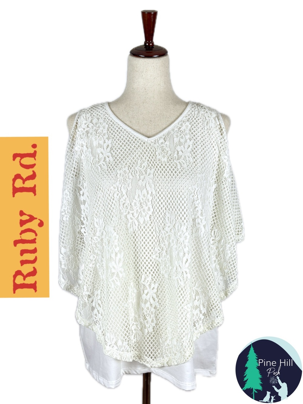 Ruby Rd Ivory Lace Overlay Poncho Top Attached Tank Boho Tunic Womens Large